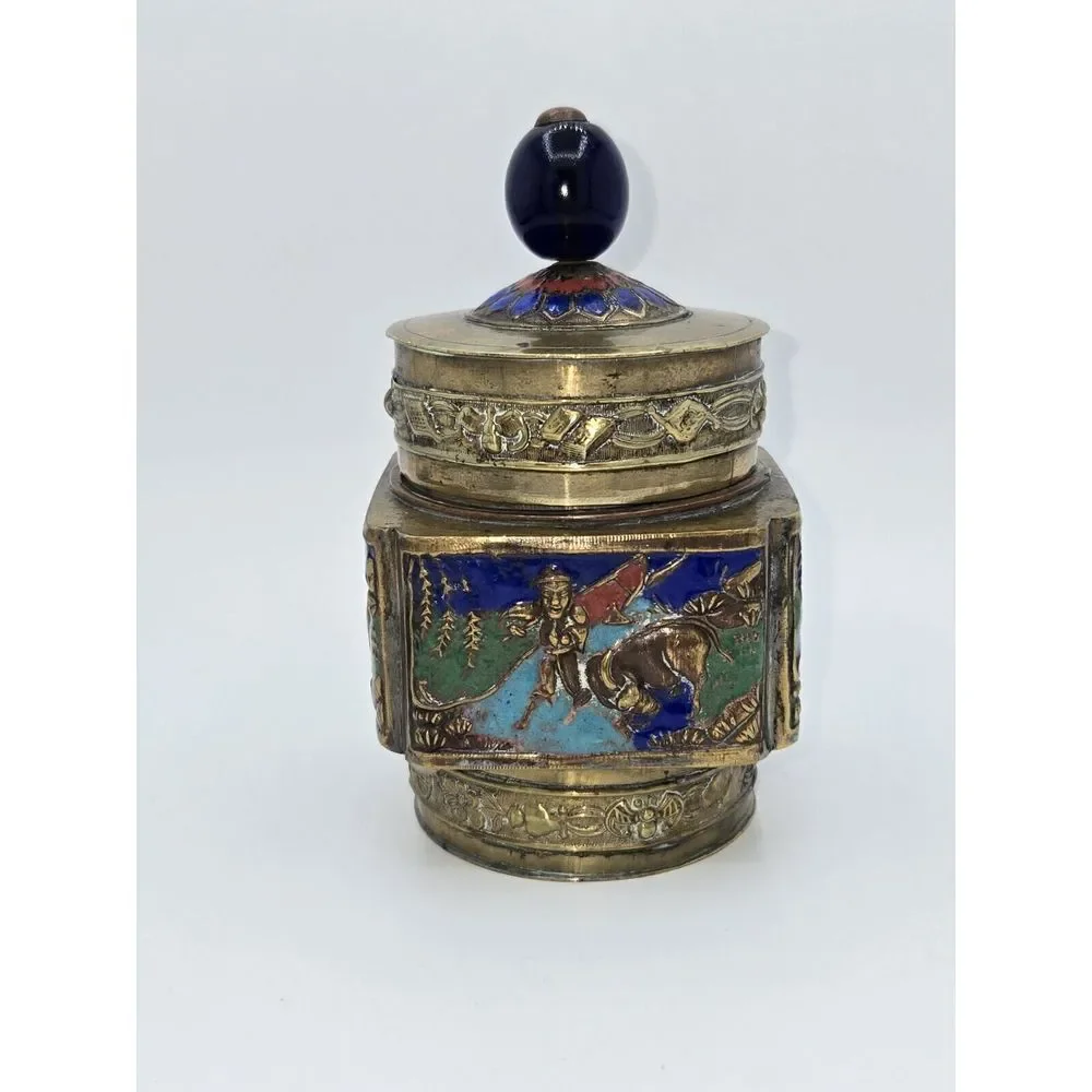 Antique‎ Chinese Brass Enameled Tea Canister